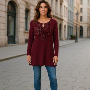Reba Holiday Gems Merlot Sweater Small Tassel Keyhole‎ Front Studded NWT